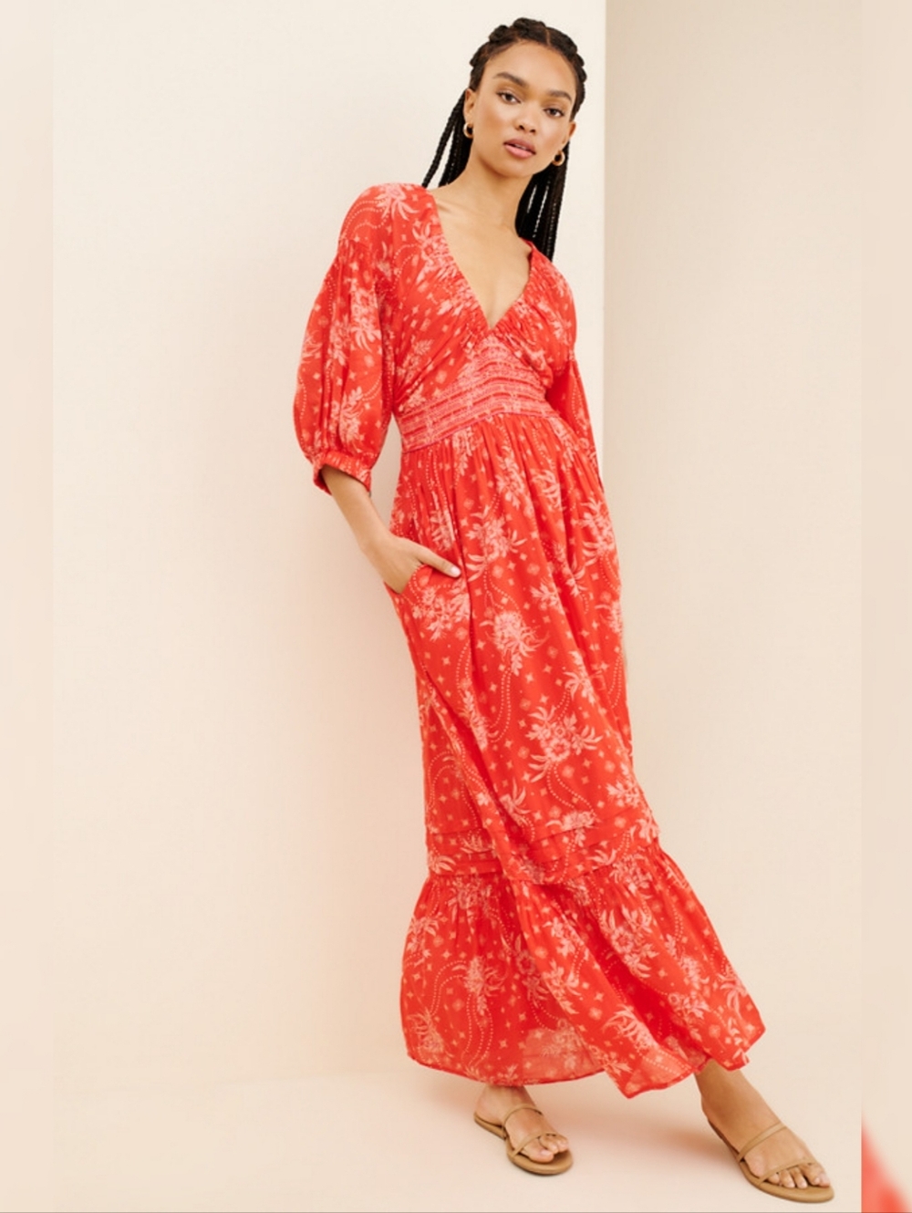 Free People Golden Hour Maxi Dress Red‎ Motif Floral Half Sleeve V-neck Women's